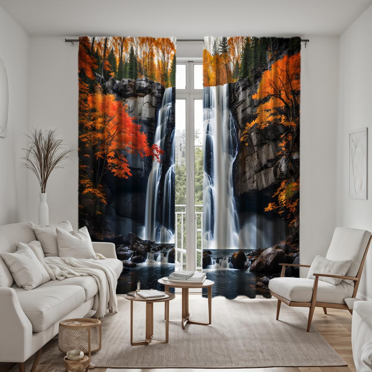 

2 шт. декоративных занавесок HD, лесной пейзаж, водопад, ручей, ручей, белая цифровая печать, занавеска, украшение дома, стиль d W52H63inchW132H160cm