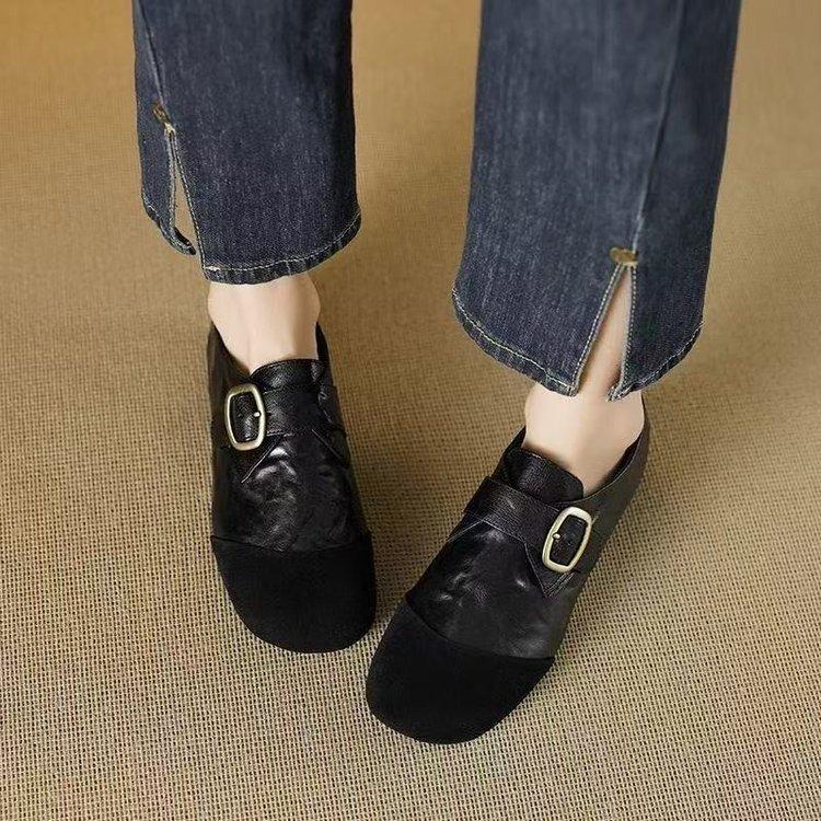 Zapatos bajos retro franceses de cuero pequeño para mujer 2025 nuevos de tacón bajo de cuero suave comercio exterior retro cómodos zapatos individuales de mujer