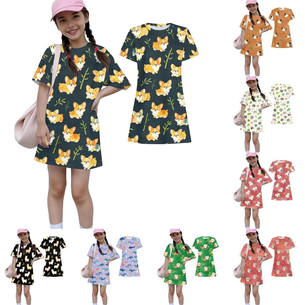 Mädchen lockeres kurzärmeliges Kleid leicht rundhalsig lässiges Kleid mit Tiermotiv bequemes Sommerkleid für Kinder
