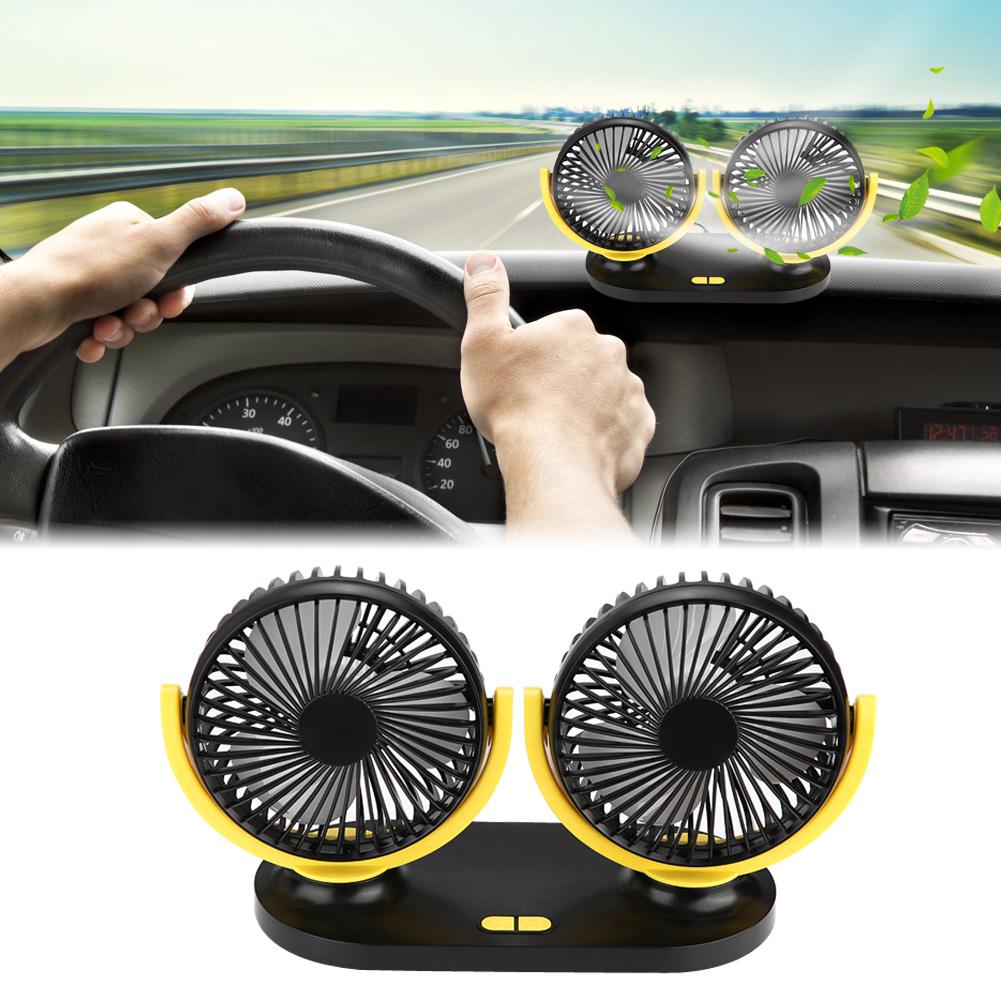 USB Dual Head Car Fan Portable Air Conditioner Auto Cooler Ventilation 12V Black Yellow