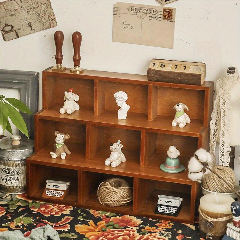 1pc Rouge/Bleu 9 grilles Étagère de Rangement Murale en Bois Vintage, Présentoir de haute qualité pour bijoux et objets de collection de bureau.