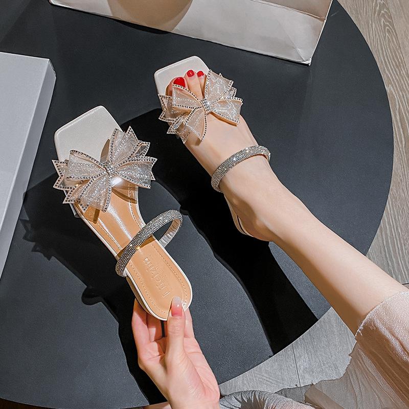 New Shoes for Women Summer Beautiful Mesh Bowknot Sandals Girl Middle Heels Pumps Ladies High Heels Shoes 35-43