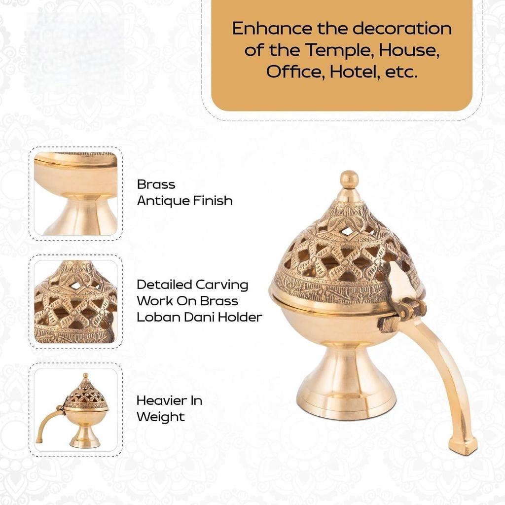Arzător de tămâie Dhuna Loban din alamă, Arzător de tămâie Dhooni Dhoop Dani rotund, Suport de tămâie din alamă de masă pentru Loban, Dhoop Dani elegant și tradițional