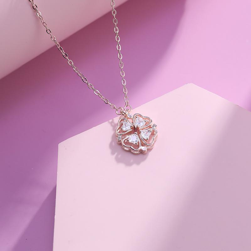S999 Foot Silver Heartbeat Four-leaf Clover Necklace Women's Magnetic Clavicle Chain Light Luxury Niche Design Birthday Gift for Girlfriend