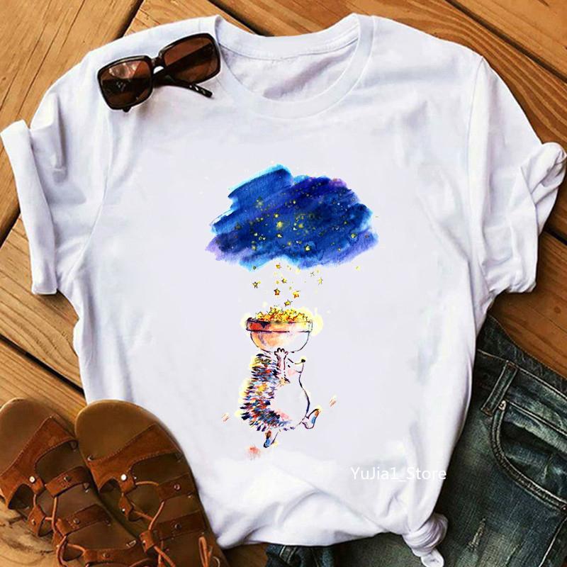 Watercolor Music Is My Joy Cute Hedgehog Animal Print T-Shirt Women&Amp;#39;S Clothing Funny Tshirt Femme Summer Fashion T Shirt Female