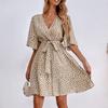 Women V Neck Belted Dress Short Sleeve Wrap Style Casual Loose Fit Printed Summer Dress with Waist Tie