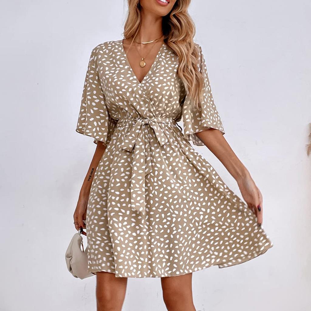 Women V Neck Belted Dress Short Sleeve Wrap Style Casual Loose Fit Printed Summer Dress with Waist Tie