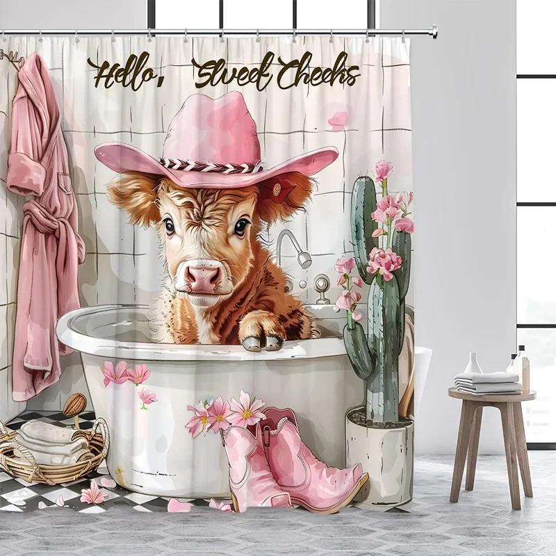 ZYJ01Bathing Highland Cattle Shower Curtains Funny Farm Animal Cactus Plant Pink Bath Curtain Set Polyester Bathroom Decor w7Dc