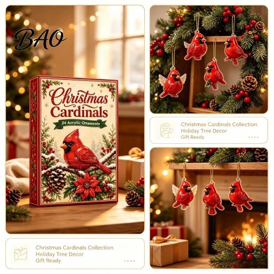 Holiday Countdown Decoration Red Bird Advent Calendar, 24-Day Christmas Set with Toy Ornaments, 2D Acrylic Tree Hanging Decor, Gift for Kids