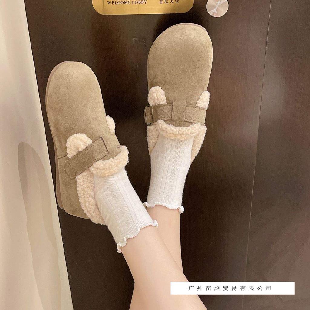 Autumn four-season Doudou shoes women's velvet loafers wear flat-soled retro soft-soled Birkenstock big head and cotton shoes