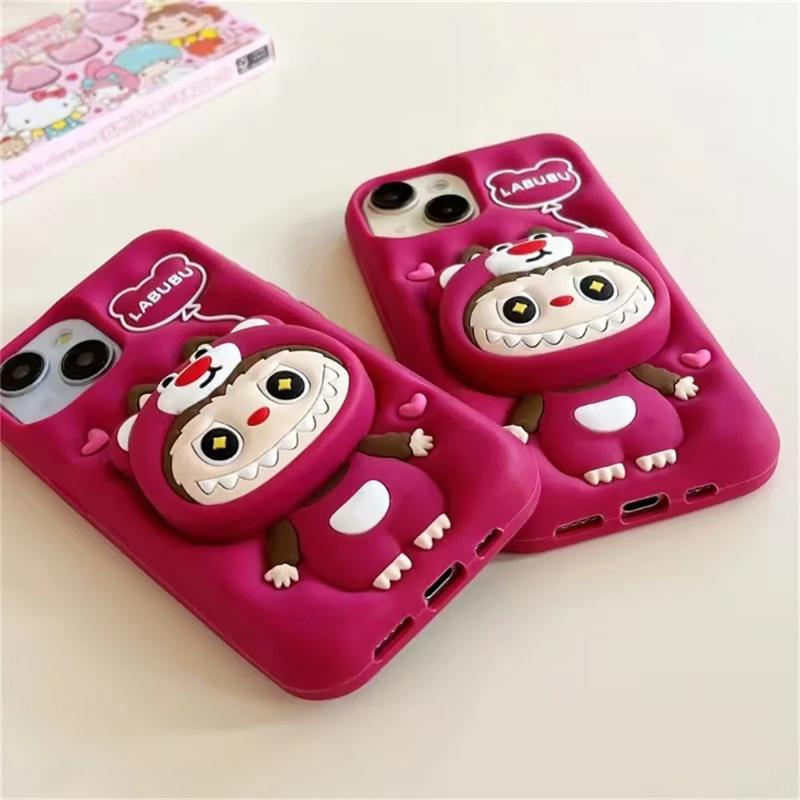 3D Cute Funny Cartoon Lotso Hat Labubu Holder Phone Case For iPhone 17 16 15 14 13 12 11 Pro Max Soft Silicone Cover