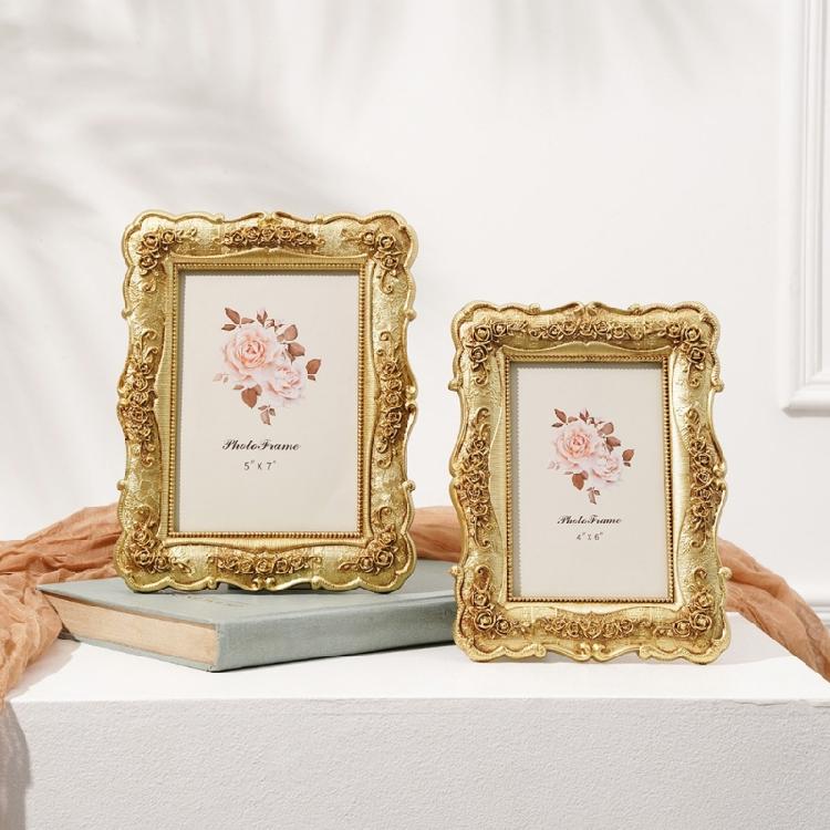 Antique Resin Wall Art Tabletop Golden Photo Frame Intricate Florals Embossed Picture Frame with Glass Front Home Decors