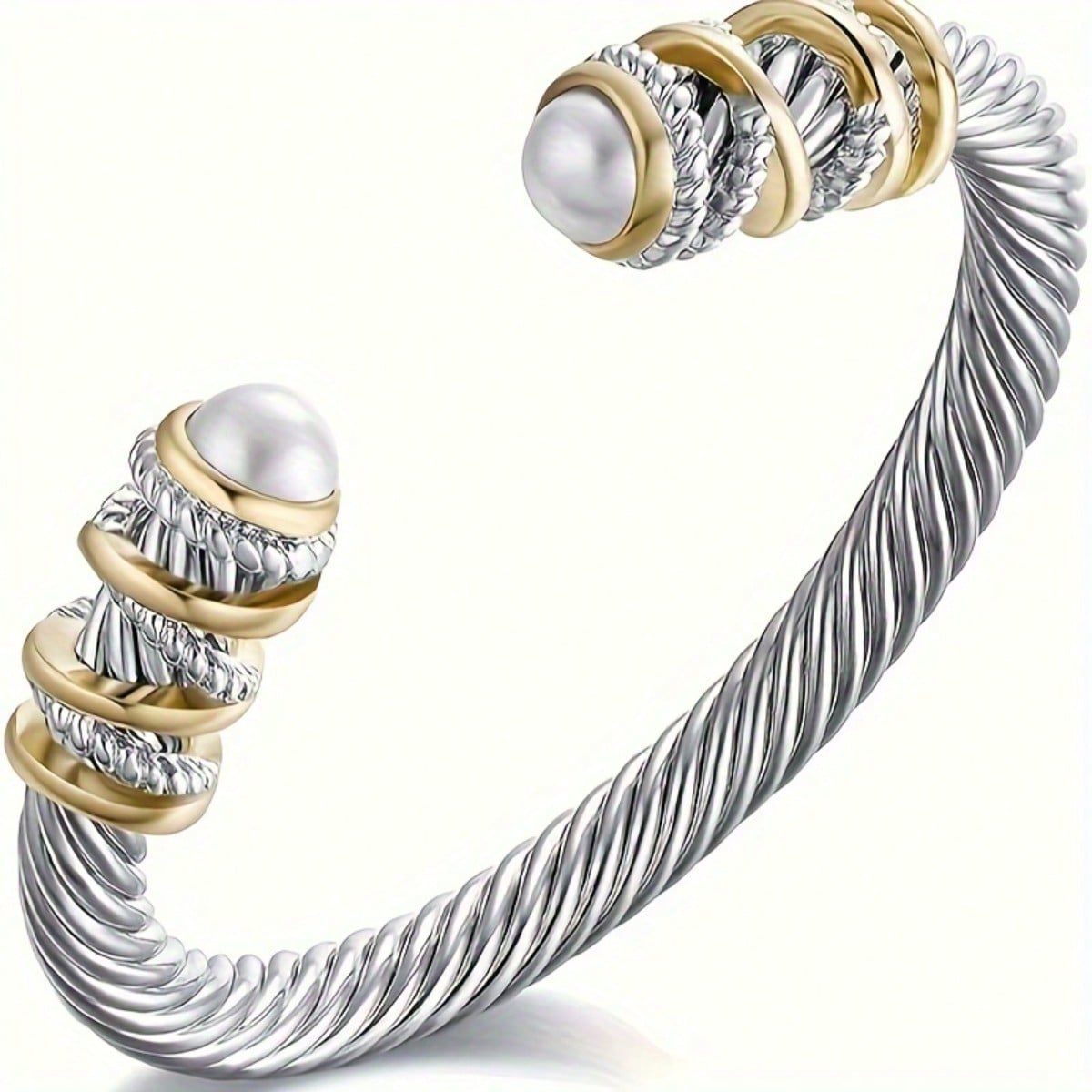 

Twisted Pair Stainless Steel Open Bracelet, Composite Shell Imitation Pearl Men s and Women s Universal Bracelet серебряный