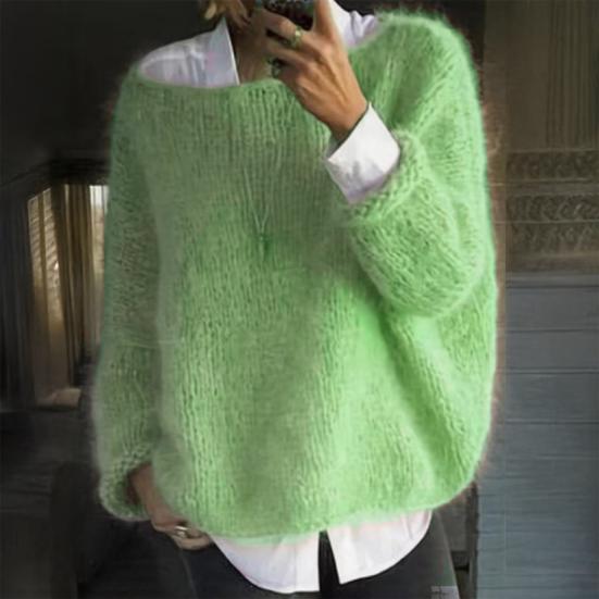 Women Sweater Round Neck Long Sleeve Loose Fit Knitting Tops Breathable Loose Hem Solid Color Knitwear