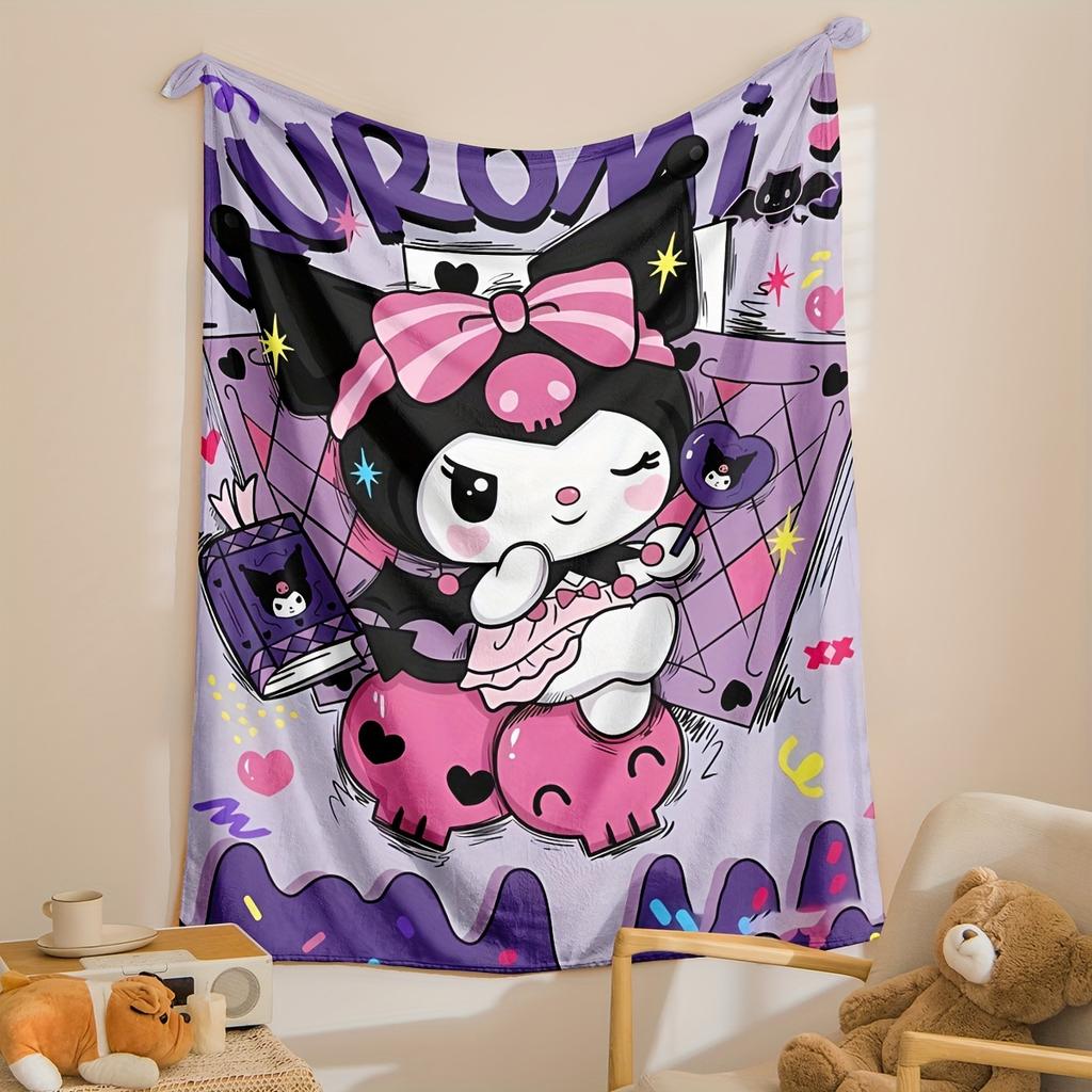 1 Purple Kuromi Flannel Blanket 2D Single Print Soft Fluffy Warm Couch Bed Living Room Bedroom Home Decor Gift Daily Use Blanket