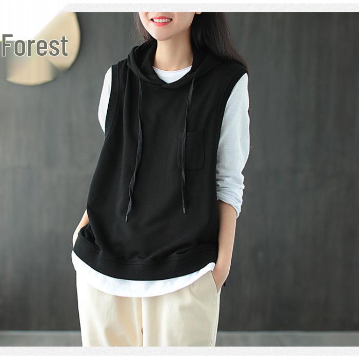 

Женский худи без рукавов большого размера - Осень Корейский стиль Black