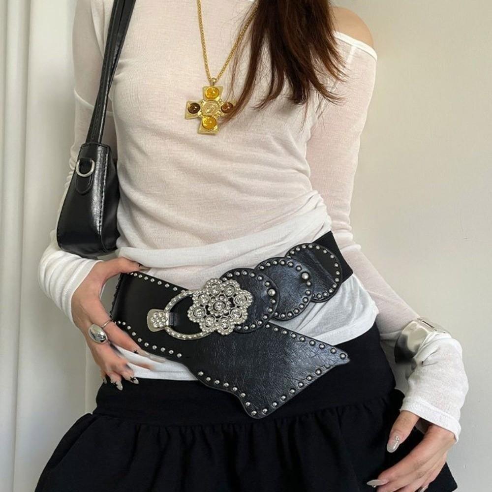 Rhinestone Flower Retro Street Rivet Belt Rivet PU Leather Belt Fashion Wide Waistband  Pants