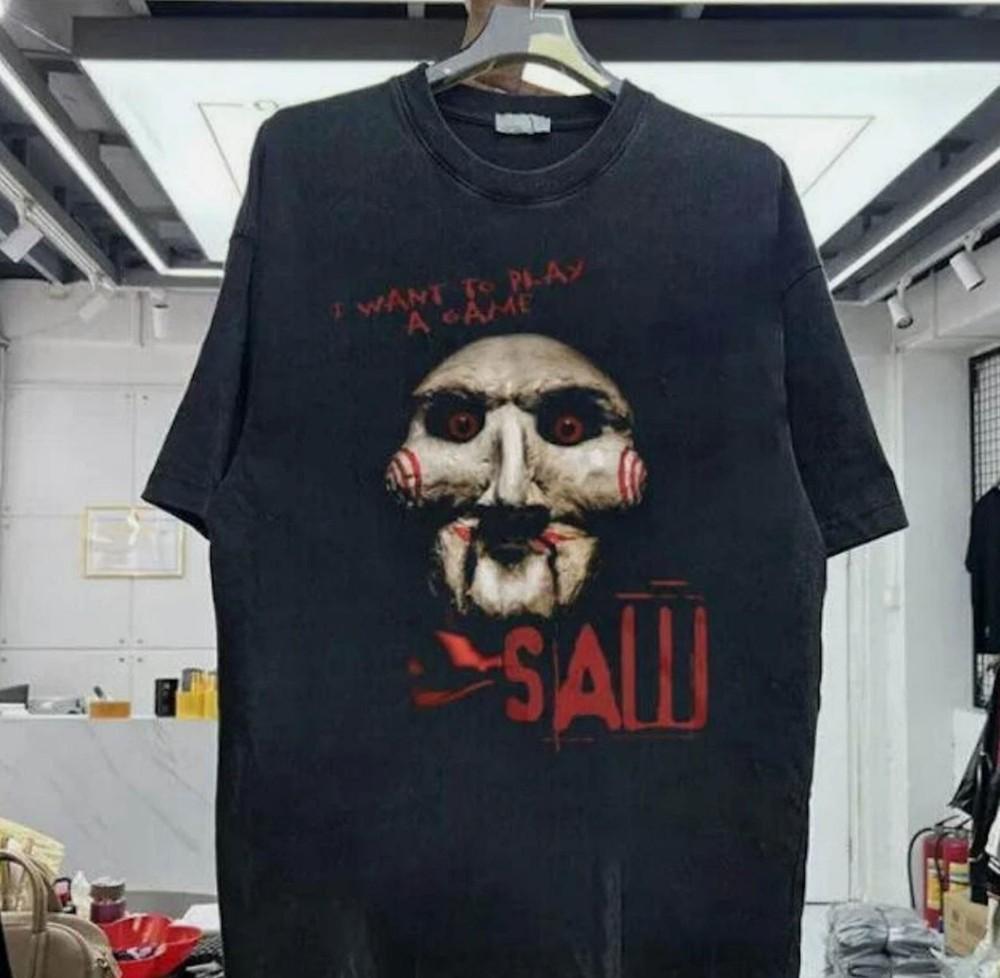 Saw Jigsaw Tshirt Vintage 90s Horror Movie Black Cotton Unisex Tshirt