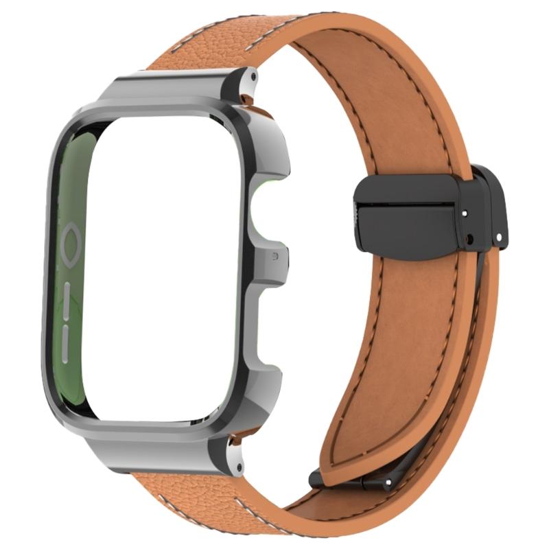 Leather Watch Band Replacement Band Lychee Texture Strap for Fit 3 Wristband Sweatproof Bracelet with Metal Frame