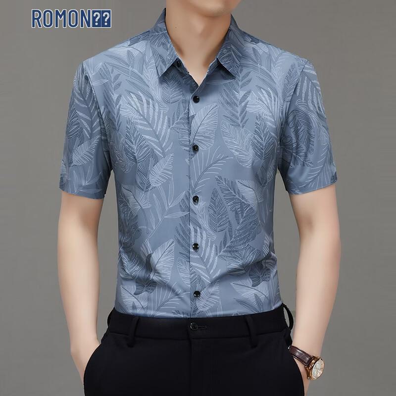 ROMON Men s Digital Print Short Sleeve Mulberry Silk Shirt L