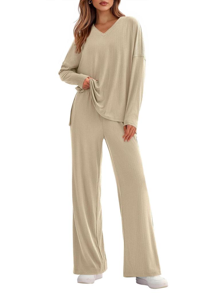 2025 Stylish European & American Loose-Fit Casual Pocket Round Neck Wide-Leg Set for Women