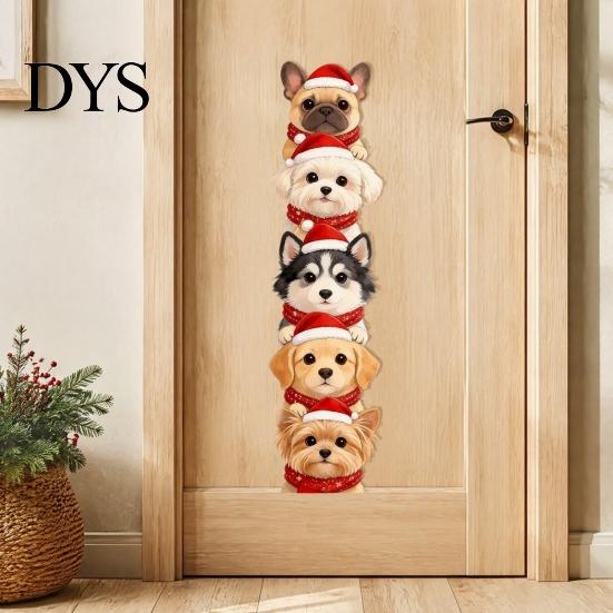 Holiday Party Door Stickers Christmas Puppy Wall Stickers, Removable Self-adhesive Dog Decals for Walls Doors, PVC Stacked Puppies Supplies Art Decor