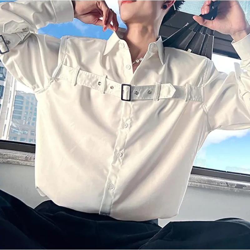 

Men s Buckle Long Sleeve Shirt Treetwear Style Button Down Shirt Spring Autumn Casual Wear M білий