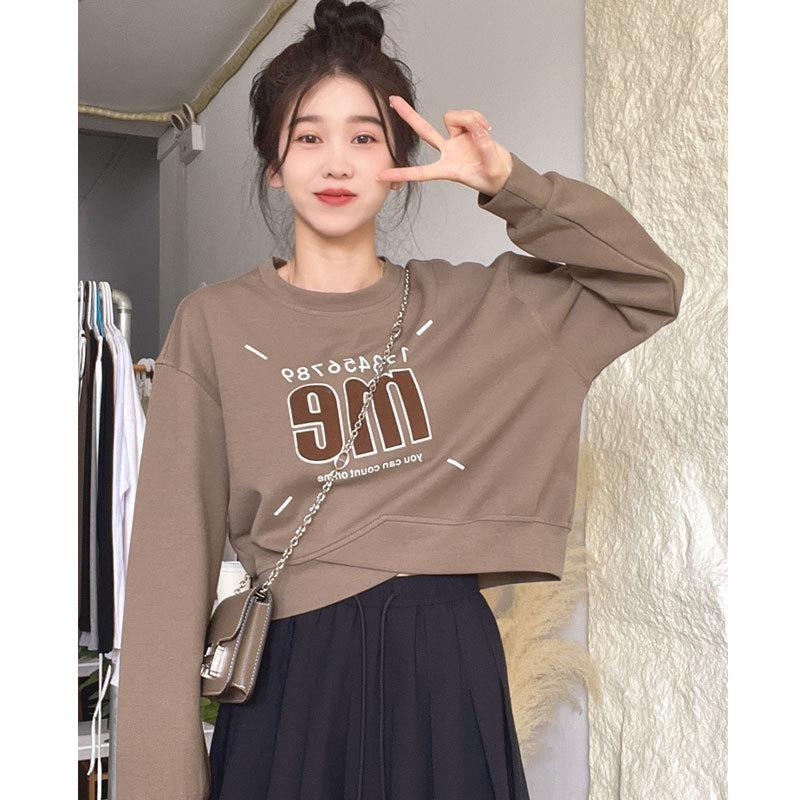 Pulover American cu Imprimeu Oversized cu Gât Rotund - Casual, Versatil, Crop Top cu Mâneci Lungi