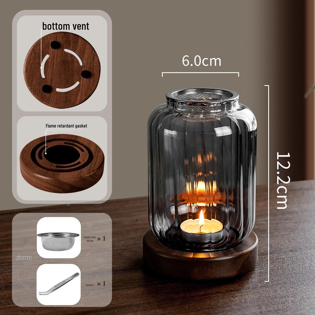Solid Wood Glass Atmosphere Lamp & Candle Holder with High Transparency Incense Burner for Wax