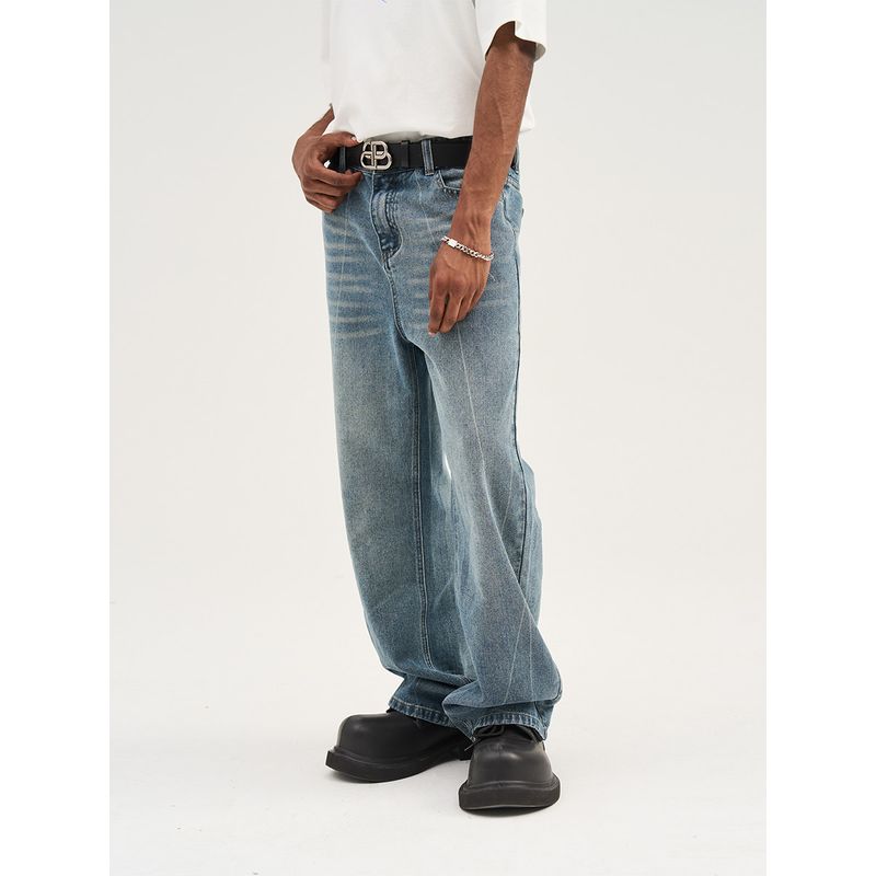 Harsh and Cruel American Retro Heavy Industry Washed Hand-Rub Color Lines Straight-leg Loose Denim