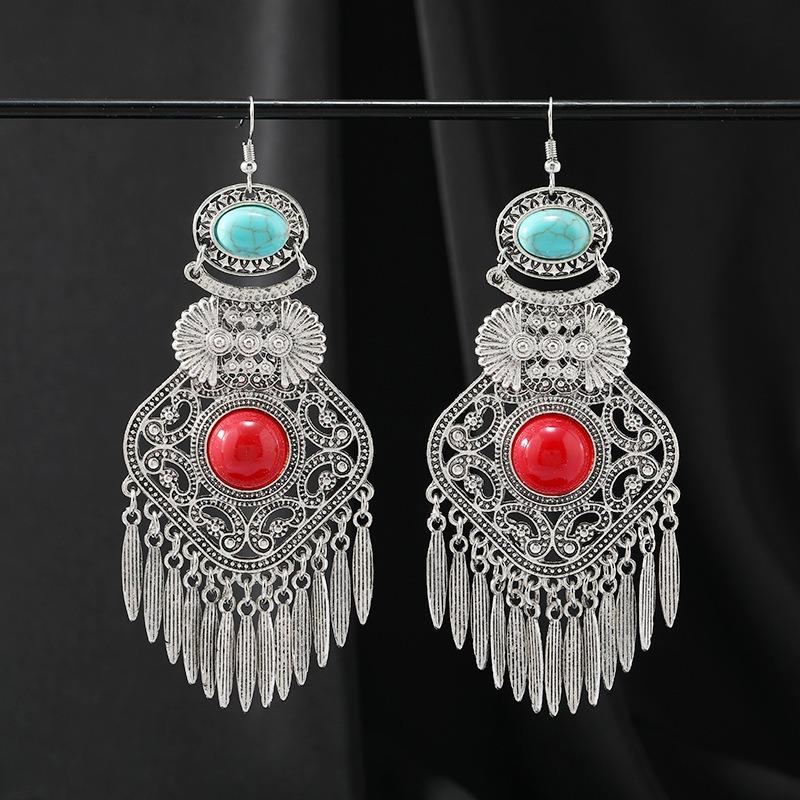 Tibetan Exaggerated Earrings Women's Bohemian Retro Personality Exotic Long Fringed Yunnan Earrings