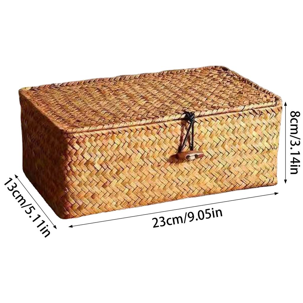 Traditional Braided Straw Box with Lid Handcrafted Decorative Storage Bin for Shelves Closet or Desk