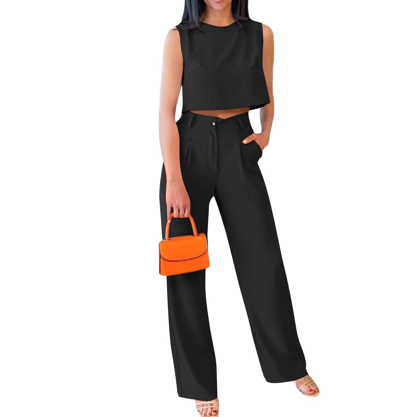 

Новый сексуальный модный женский однотонный жилет без рукавов, топ, брюки, костюм L чёрный