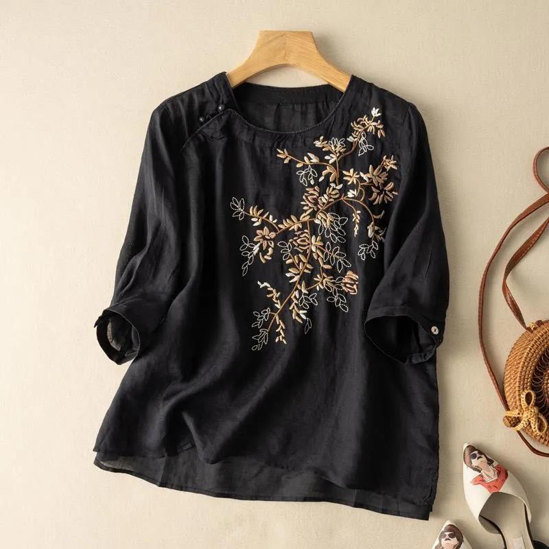 

Women s Retro V-Neck Cotton Linen Embroidered Blouse - Short Sleeve, Loose Fit, Summer/Autumn Fashion in Chinese Style. M (Recommended for 40-50 kg)