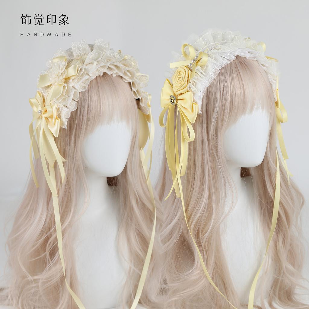 Pearl Bow Headband Top Hat Set Original Cream Lolita Handmade Small Things Lace Rose KC Headband