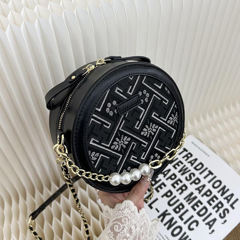 Embroidery Small Bag Women's New Trendy Fashion Pearl Chain Small Round Bag Textured Messenger Bag