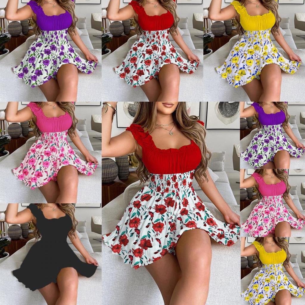 Urban Style Sleeveless Polyester Collage Womens Summer Dress With Pleated Skirt For Casual Wear