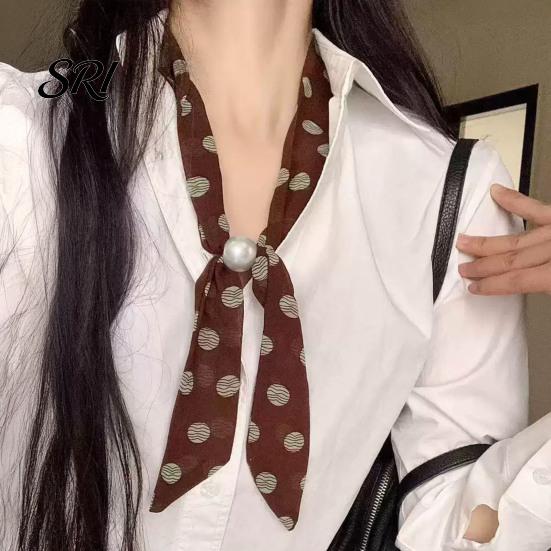 Satin Neck Scarf Women Imitation Pearl Buckle One-Piece Design Lightweight Chiffon Breathable Summer French Retro Black White Dot Collar Decorative