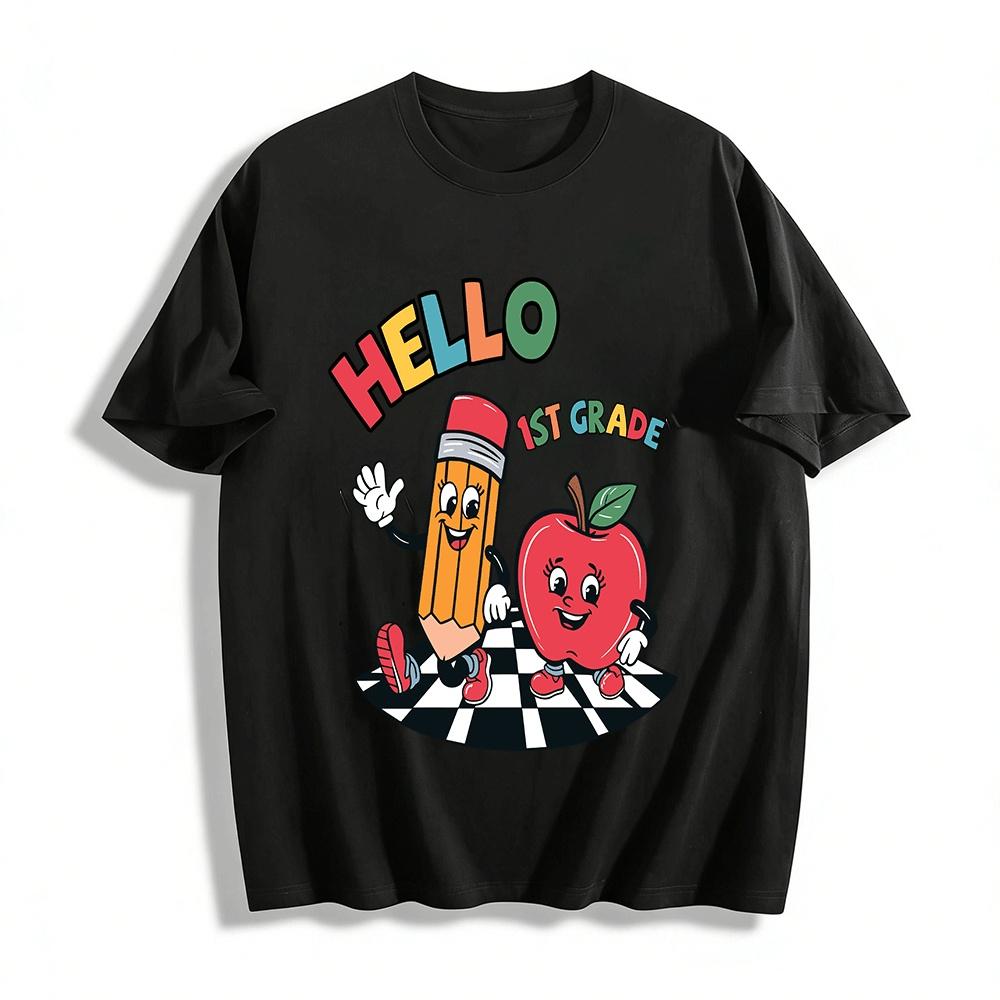 

Hello 1st Grade Pencil Apple Graphic Kids Back To School Top Pure cotton T-shirt XXS