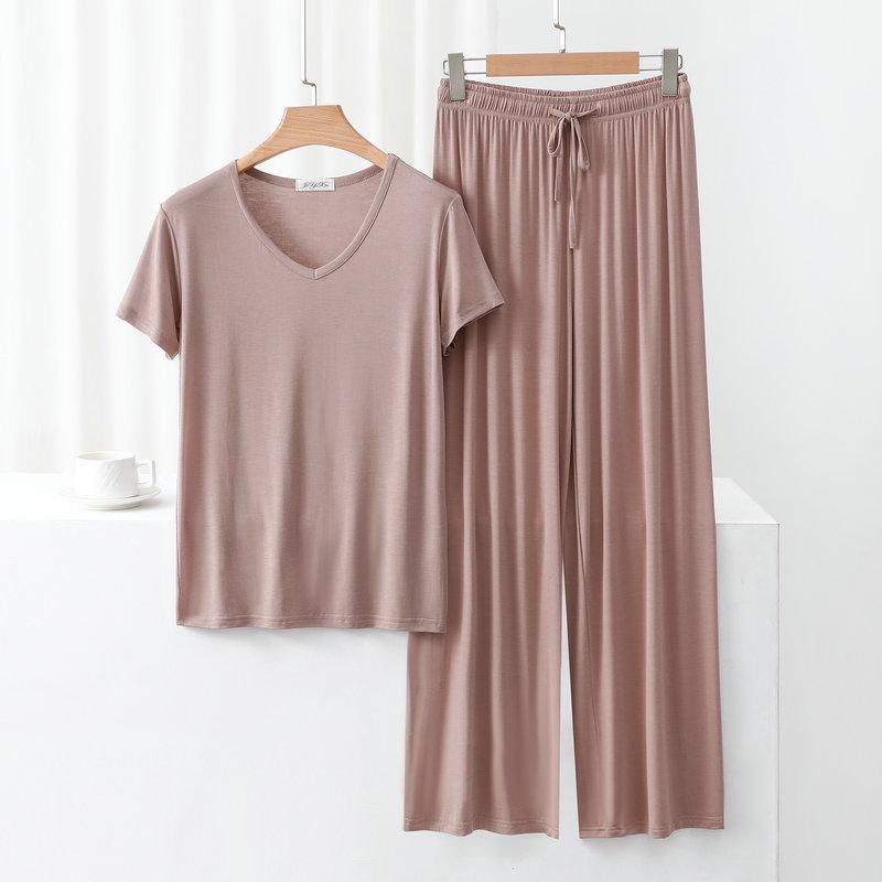 Modal Homewear 2pcs Pajamas Set Short Sleeve Tops and Trousers Solid Color Casual Loose Sleepwear Suit Plus Size Nightwear