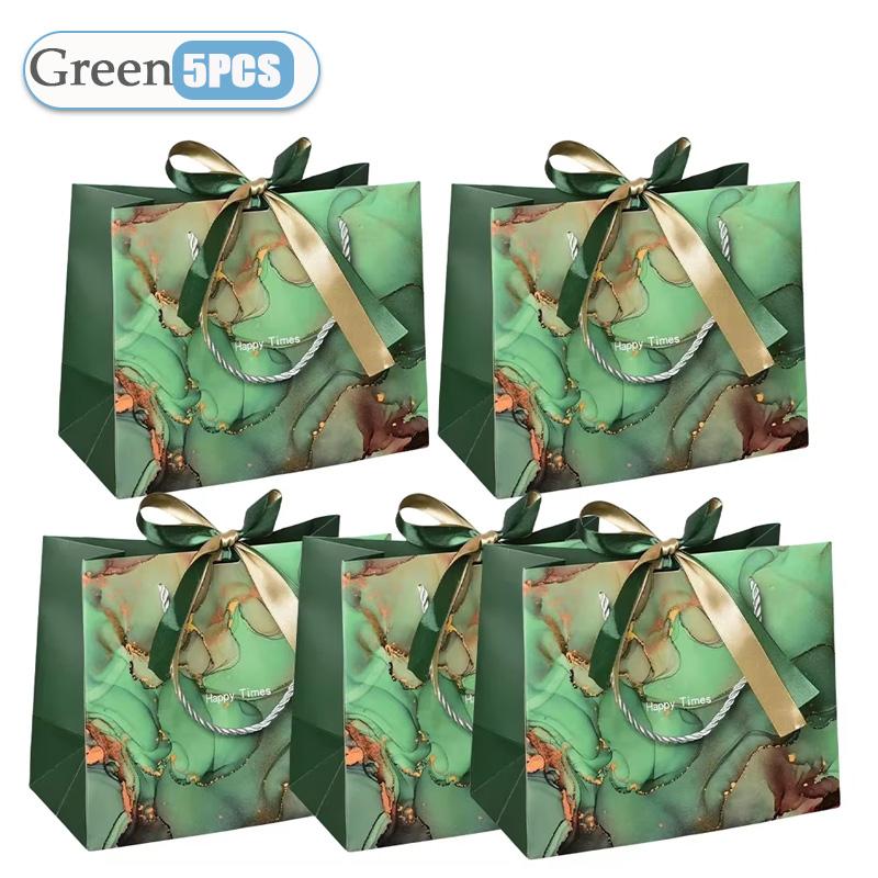 Large Marble Tote Bag with Green Gold Ribbon Bow Durable Storage Shopping Bag for Wedding Birthday Party Bridesmaid Gift Use