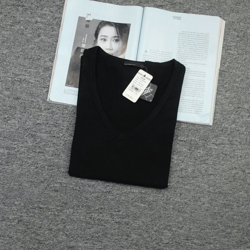 

Long Sleeve Pure Cotton T-shirt Bottoming Shirt V Neck Chicken Collar Spring & Fall Winter Stretch Cotton Silm Men and Women Same Style Top% Cotton Black S