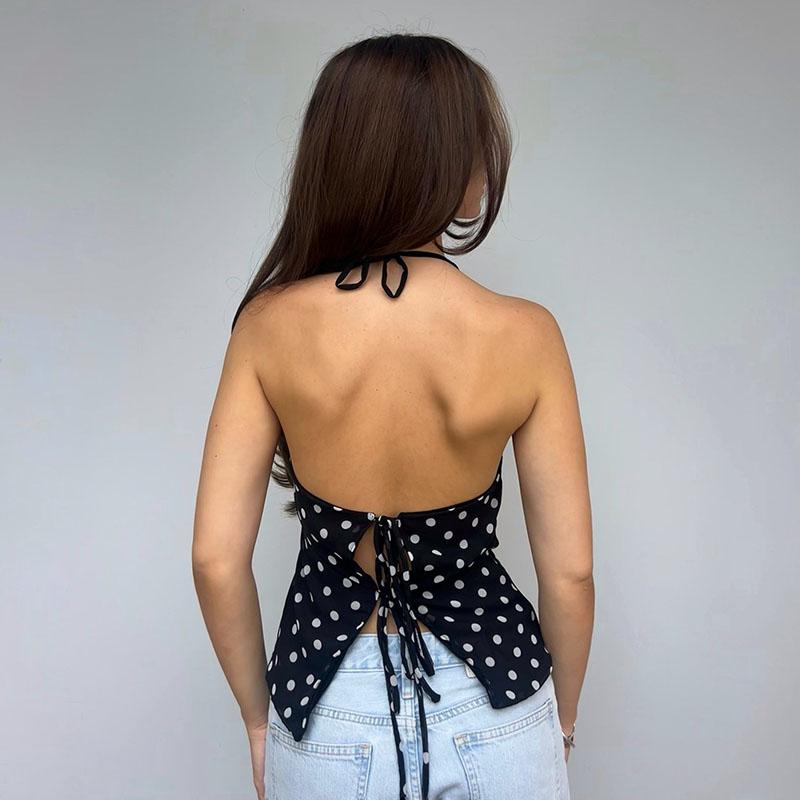 Women’s Halter Top – Polka Dot Print Sleeveless V Neck Cami Shirt with Front Twist Detail, Casual Summer Going Out Blouse