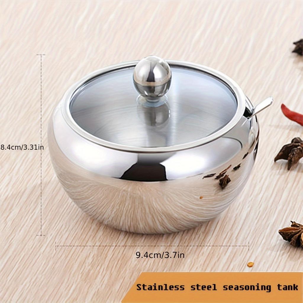 1 peça 330ml (10 onças) Açucareiro de Aço Inoxidável com Tampa de Vidro e Colher - Ideal para Acessórios de Café e Armazenamento na Cozinha