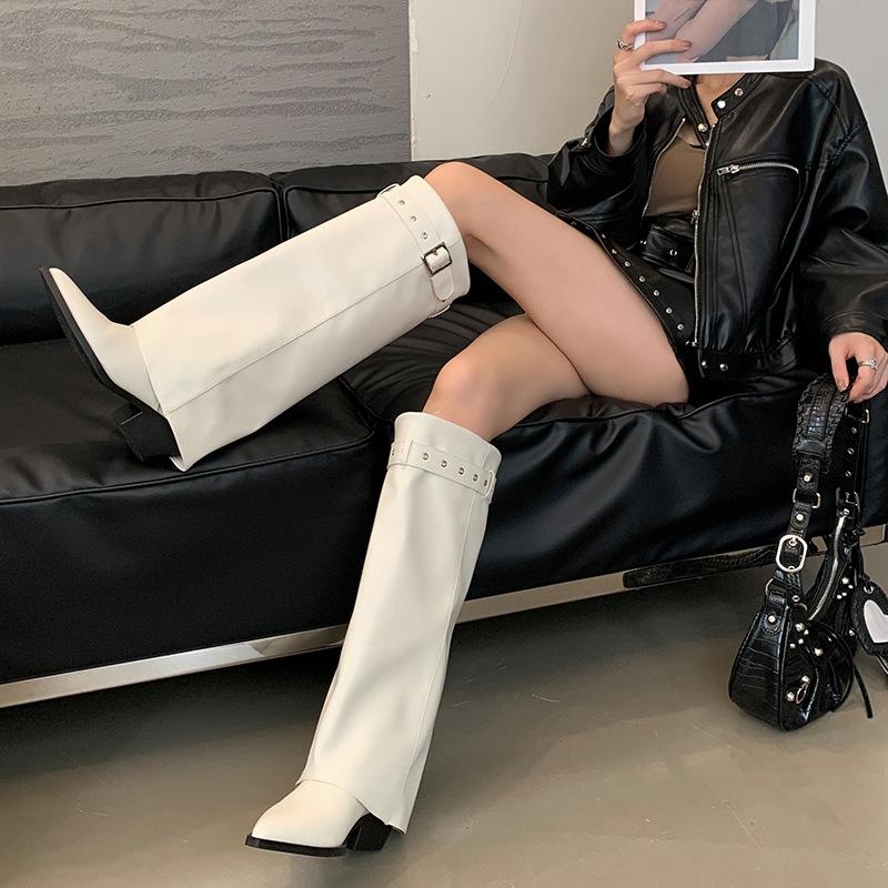 

Черные Заостренные Ботильоны на Толстом Высоком Каблуке Стильные Белые Ботфорты 40 белый