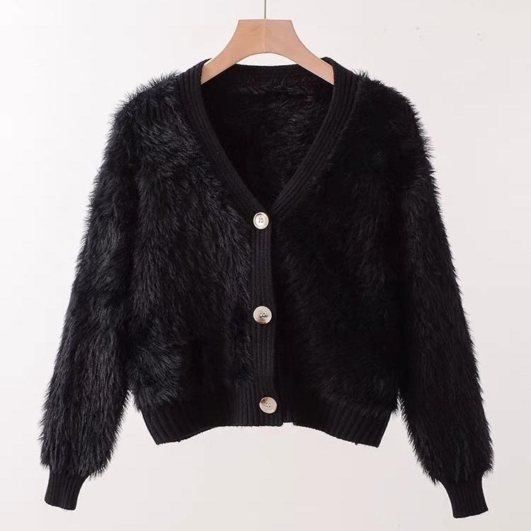 Autumn Winter Women V-neck Single Breasted Imitation Mink Fur Mohair Soft Knitted Sweater Cardigan Coat Jacket