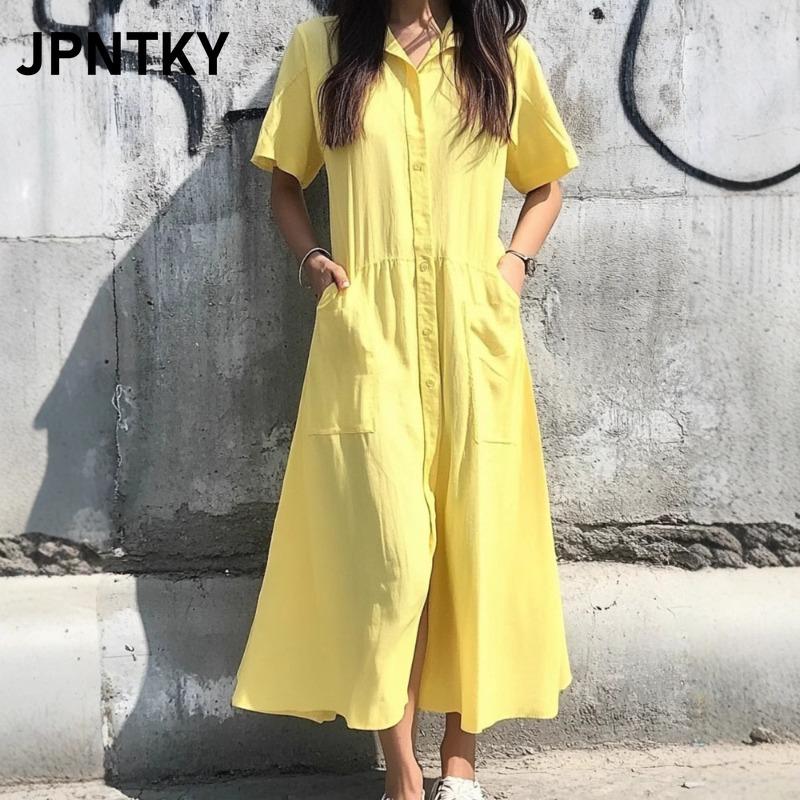 JPNTKY Women's Fashion Summer Spring Solid Color Print POLO Neck Short Sleeve Casual Dresses
