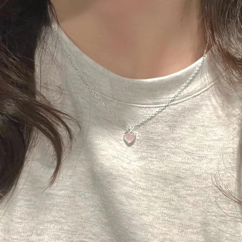 925 Silver Pink Cat Eye Stone Love Necklace For Women Sweet And Cute Heart-Shaped Collarbone Chain Wedding Jewelry