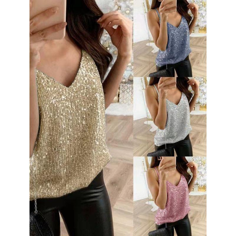 Sequin V-neck Sleeveless Loop Strap Sequin V Neck Sleeveless Loose Sling Tops