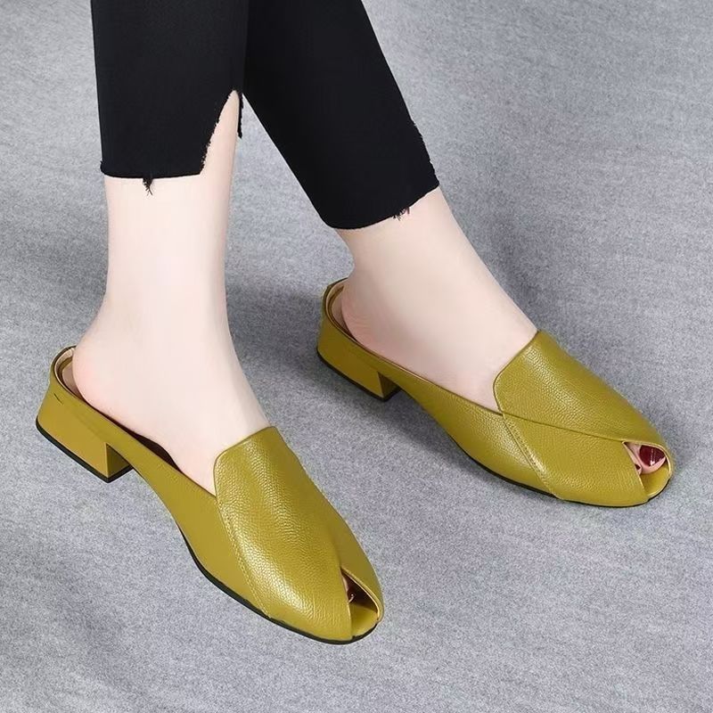 

2025 новые летние туфли на толстом каблуке с открытым носком в зарубежном стиле, крутые шлепанцы, туфли-полушлепанцы с закрытым носком, женская обувь, модная обувь из мягкой кожи 41 жёлтый